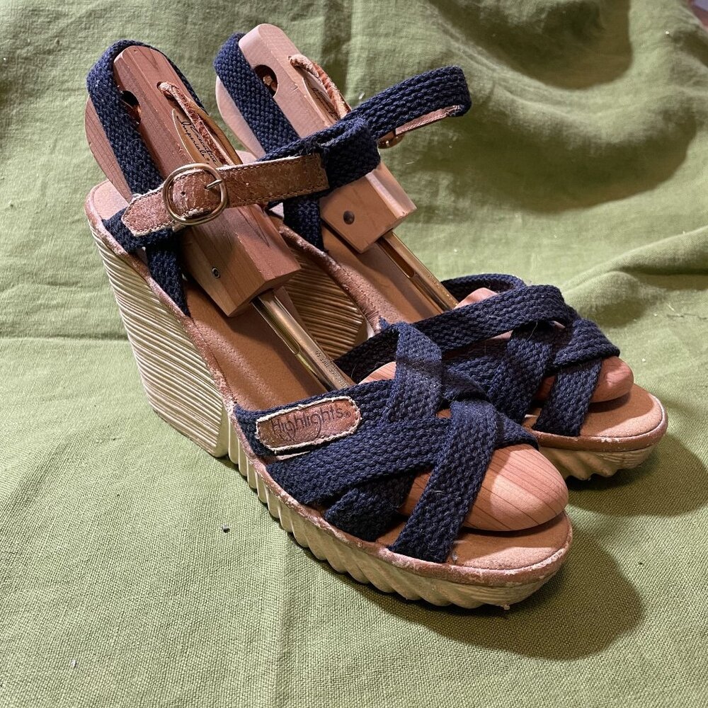80s Vintage HighLights Blue Strappy Wedge Sandals with Rubber Sole Size 8